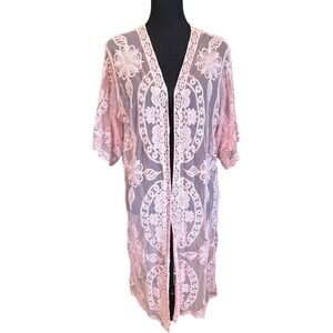 Pink Embroidered Lace Open Front Long Kimono Cover-Up, Small/Medium, Cottagecore